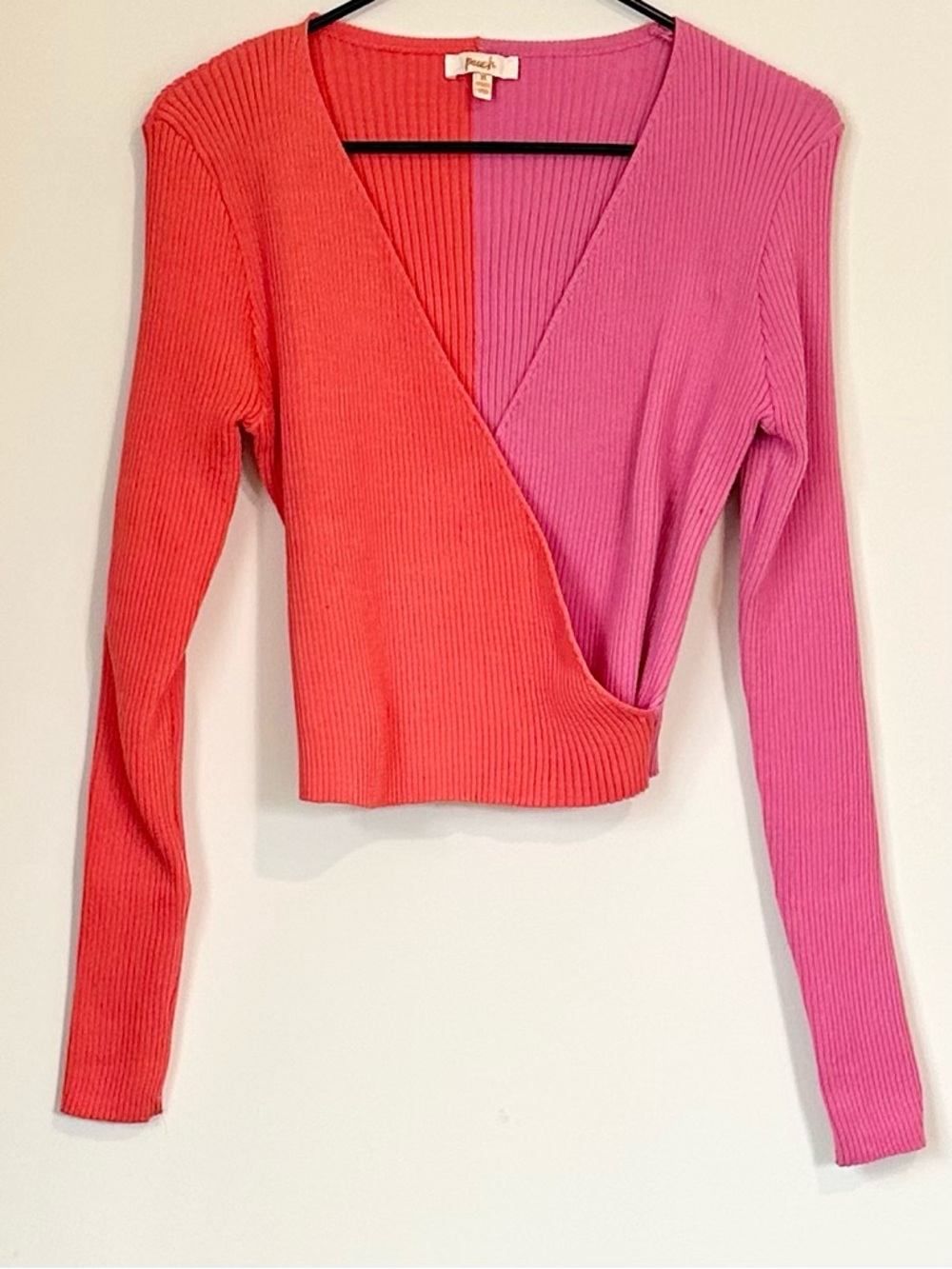 Peach Colorblock Wrap Ribbed Crop Top - Coral & Pink - Size: Extra Large